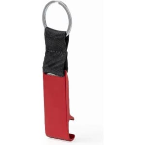 A red bottle opener with a black fabric strap and a metal keyring. It features a logo on the handle.