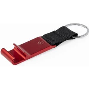 A bottle opener in red metal with a black fabric strap and a keyring attachment.