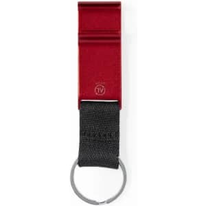 A red and black key holder with a metal clip and a keyring attachment. It has a branding logo on the surface.