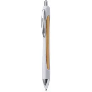 A pen with a white barrel and a bamboo accent, featuring a silver clip and tip.