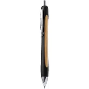 A pen with a black body and a wooden accent, featuring a chrome clip. It has a sleek, modern design.
