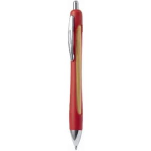A pen with a red body and chrome accents, featuring a smooth grip and a shiny silver nib.