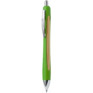 A green pen with a wooden accent and chrome details, featuring a click mechanism and a branding logo.