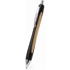 A black and wood-crafted pen with a chrome clip and tip, featuring a sleek design and a logo on the barrel.