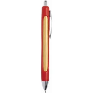 A red pen with a wooden accent and a silver clip, featuring a sleek design and a pointed tip.
