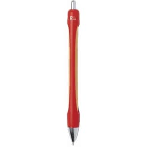 A ballpoint pen in red and yellow with a silver tip and a logo on the barrel.