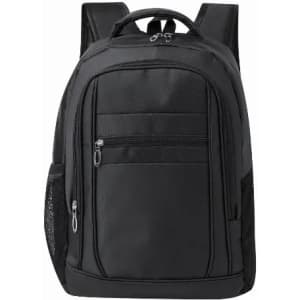 A black backpack featuring multiple zippered compartments and mesh side pockets, with adjustable shoulder straps.