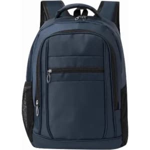 A navy backpack featuring multiple zippered pockets and mesh side compartments. It has padded shoulder straps for comfort.