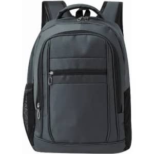 A grey backpack with multiple zippered compartments and mesh side pockets. It features padded shoulder straps.
