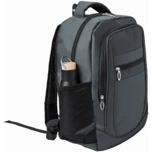 A grey backpack with multiple compartments and a side pocket holding a black drink bottle. Features a logo on the front.