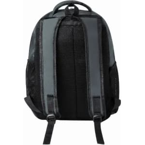 A black and grey backpack with padded straps and mesh side pockets, featuring a simple design.
