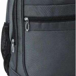A grey backpack featuring multiple zippered compartments and a mesh pocket on the side.