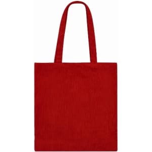 A red tote bag with two handles and a simple design. It features a sturdy construction.