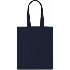A navy blue tote bag with two handles and a simple design. It features a branding logo on one side.