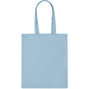 A blue tote bag with two handles, featuring a plain design and no visible logos or text.