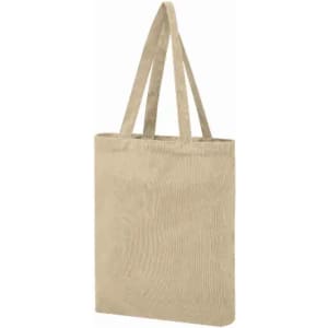 A tote bag in a muted beige colour with two handles and a simple design. It features a branding logo on one side.