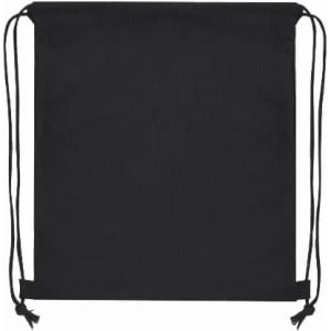 A drawstring bag in solid black with adjustable cords on either side. The bag has a simple, minimalistic design.