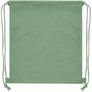 A drawstring bag in a muted green colour with ties at the sides. The bag has a simple, plain design.