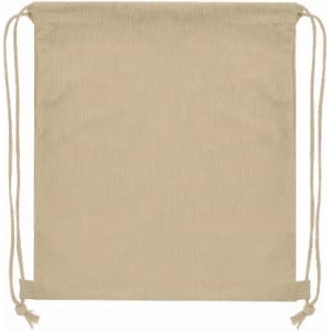 A beige drawstring bag with two cords for closure. The bag has a simple design and no visible branding.