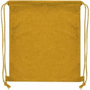 A drawstring bag in a vibrant mustard yellow shade, featuring two adjustable cord straps.