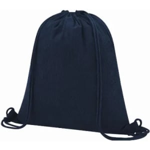 A drawstring bag in navy blue with a textured design and adjustable cord handles. Features a logo.