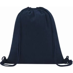 A drawstring backpack in navy blue with a textured fabric design and cords for closure.