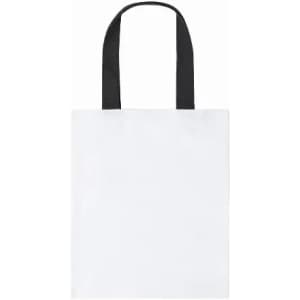 A tote bag in white with black handles, featuring a simple and minimalistic design.