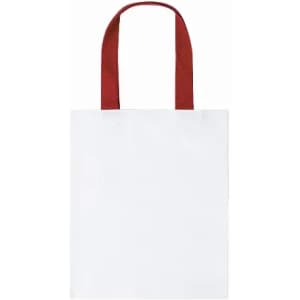 A tote bag with a plain white body and red handles, featuring no visible logos or designs.
