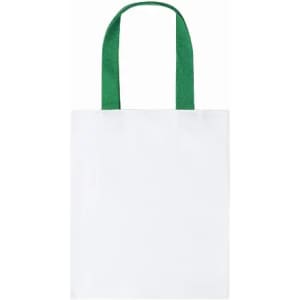 A white tote bag with green handles, featuring a plain design and no visible logos or graphics.
