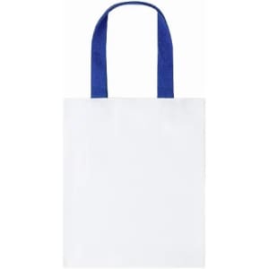 A tote bag with blue handles and a plain white body, featuring a simple design and no visible branding.