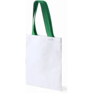 A tote bag with a white body and green handles, featuring a simple design and no visible branding.