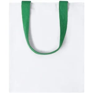 A tote bag in white fabric with green handles, featuring a simple and minimalist design.