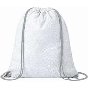 A drawstring backpack in white with grey accents and a textured surface, featuring a branding logo.