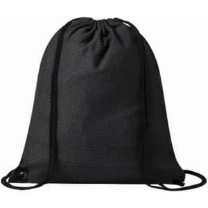 A drawstring bag in black, featuring a textured surface and two drawcords for closure.