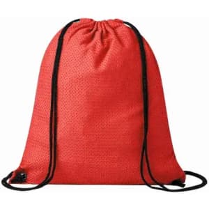 A red drawstring bag with black straps, featuring a textured fabric design.