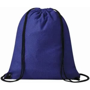 A drawstring bag in a vibrant blue colour with sleek black cords. The bag features a solid, textured fabric.