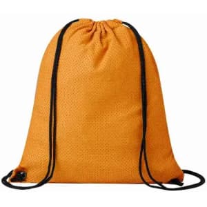 A drawstring bag in vibrant orange with black cord straps and a textured surface. It features a simple design.