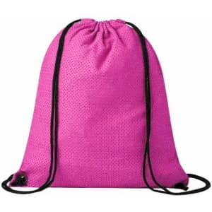 A drawstring bag in bright pink with black cords, featuring a textured surface and a simple design.