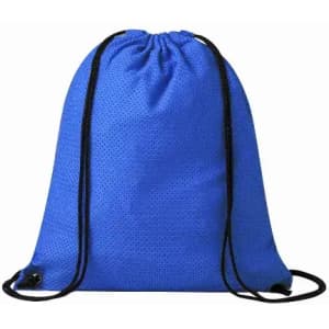 A blue drawstring bag with black cords, featuring a textured surface and a simple design.