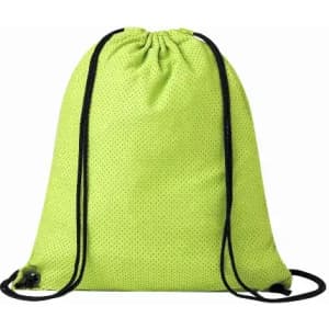 A drawstring bag in bright lime green with a textured surface and black drawcords. It has a logo on the front.