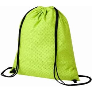 A drawstring backpack in bright lime green with black cords. The material has a textured, perforated design.