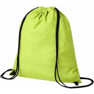 A drawstring backpack in bright lime green with black cords and a textured surface. It has a simple design.