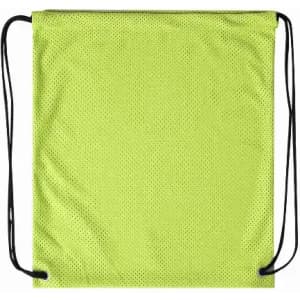 A drawstring bag in bright yellow mesh fabric with black cords. The bag features a simple, unadorned design.