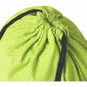 A green mesh drawstring bag with a black cord, featuring a gathered design at the top.
