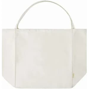 A tote bag in a light cream colour with a structured design and two handles. It features a small logo.