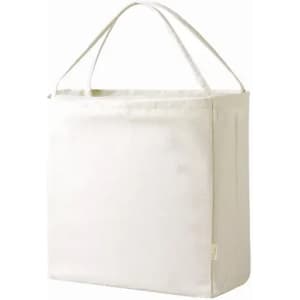 A white tote bag with two handles, featuring a simple and minimalistic design. It has a logo on the side.