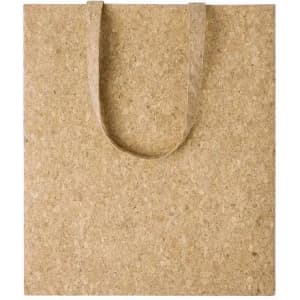 A reusable tote bag in a natural brown colour with two sturdy handles, made from eco-friendly material.