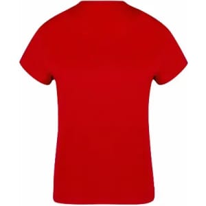 A plain red t-shirt with a round neckline and short sleeves, featuring no visible logos or designs.