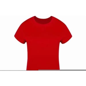 A red T-shirt with a classic round neck and short sleeves displayed against a plain background.