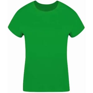 A green t-shirt with a classic crew neckline and short sleeves, featuring a plain design.
